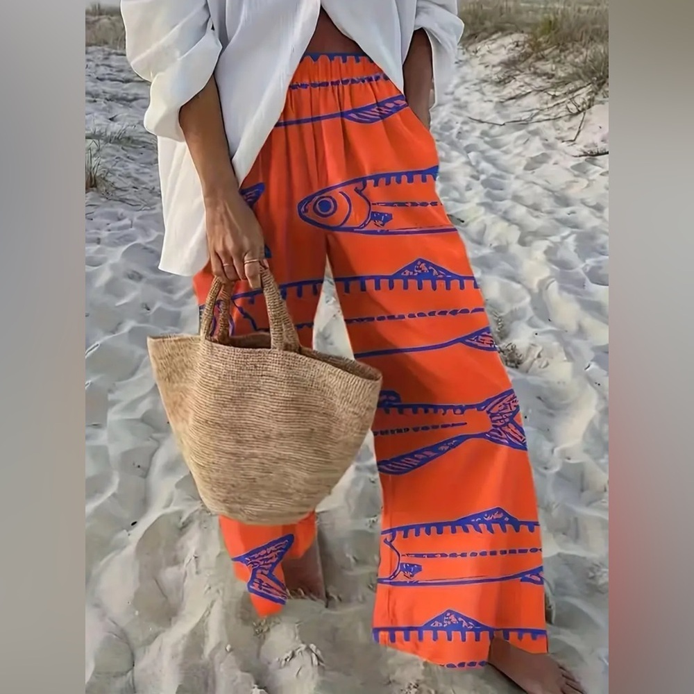 Vibrant Orange And Blue Patterned Pants - image 1